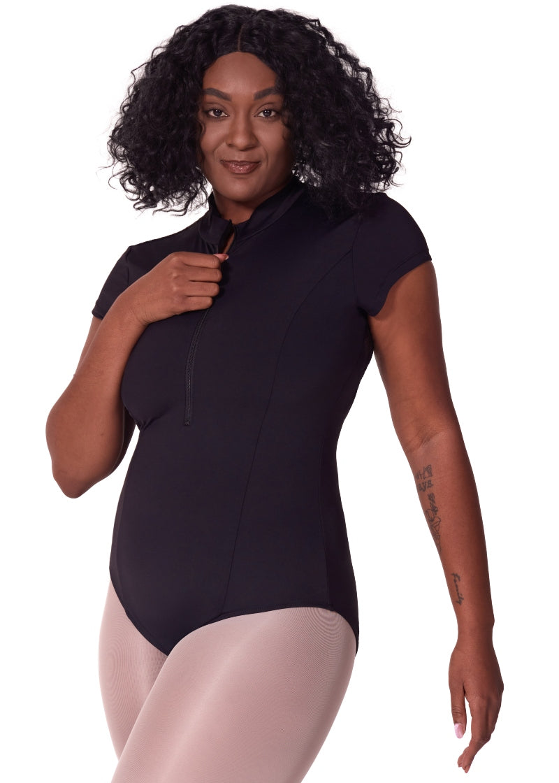Capezio EL107W Women's Soft Elegance Princess Seam Short Sleeve Leotard with Zip Front and Scalloped Lace Open Back in Black