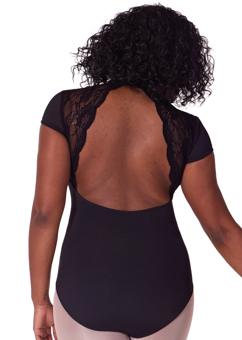 Capezio EL107W Women's Soft Elegance Princess Seam Short Sleeve Leotard with Zip Front and Scalloped Lace Open Back in Black