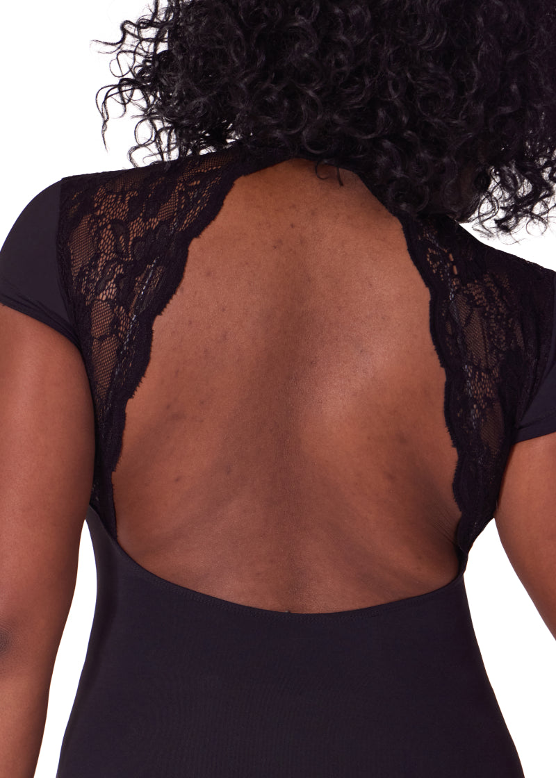 Close-up of Capezio EL107W Women's Soft Elegance Princess Seam Short Sleeve Leotard with Zip Front and Scalloped Lace Open Back in Black