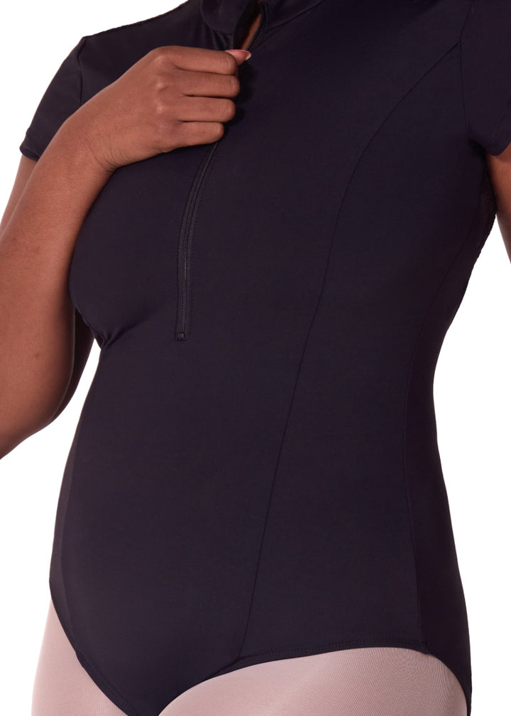 Close-up of Capezio EL107W Women's Soft Elegance Princess Seam Short Sleeve Leotard with Zip Front and Scalloped Lace Open Back in Black