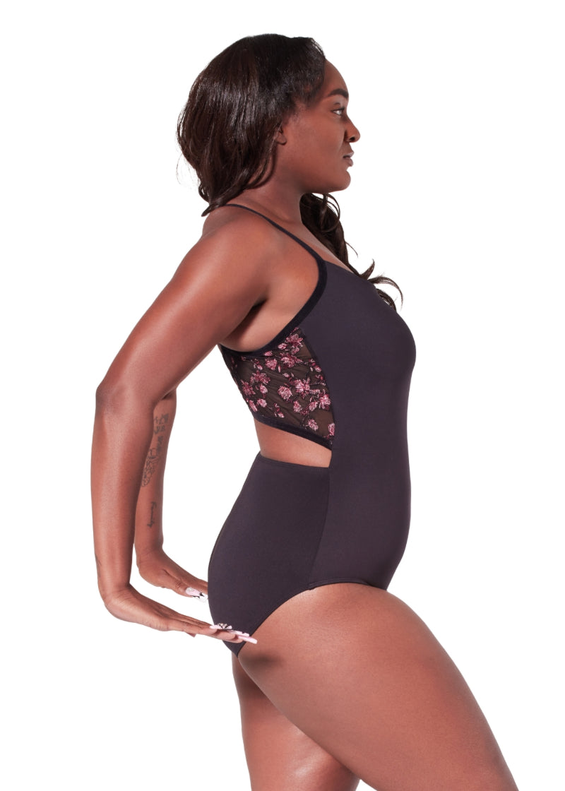 Charisma Floral Mesh Cross-Back Camisole Leotard (Black)