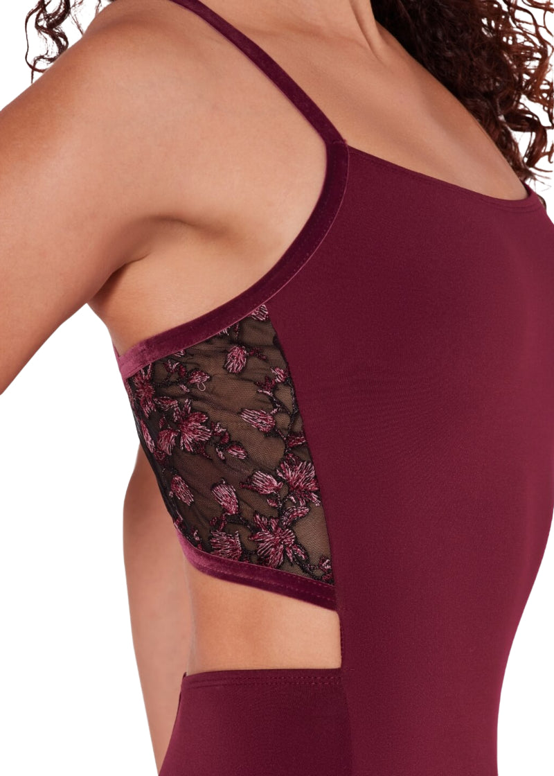 Close up of Capezio women's Charisma camisole leotard in dark red with floral embroidered mesh back panel.