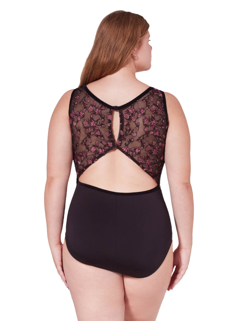 Capezio women's Allure tank leotard in black with floral embroidered mesh back panels and open back with keyhole.