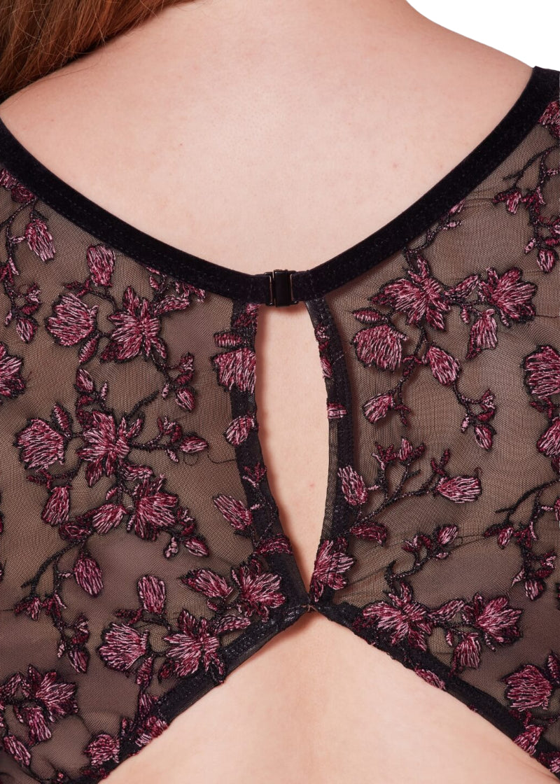 Capezio women's Allure tank leotard in black with floral embroidered mesh panels and keyhole back.