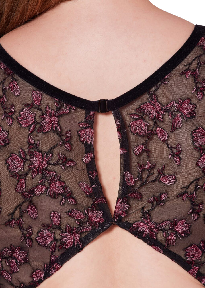 Capezio women's Allure tank leotard in black with floral embroidered mesh panels and keyhole back.