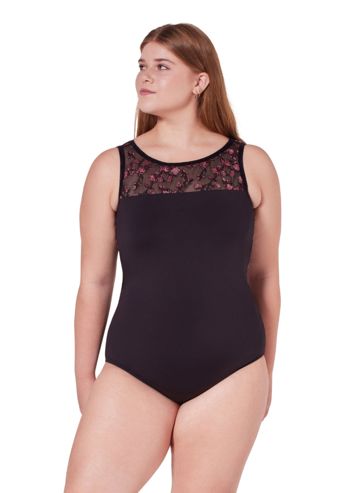 Allure Floral Mesh Back Tank Leotard (Black)