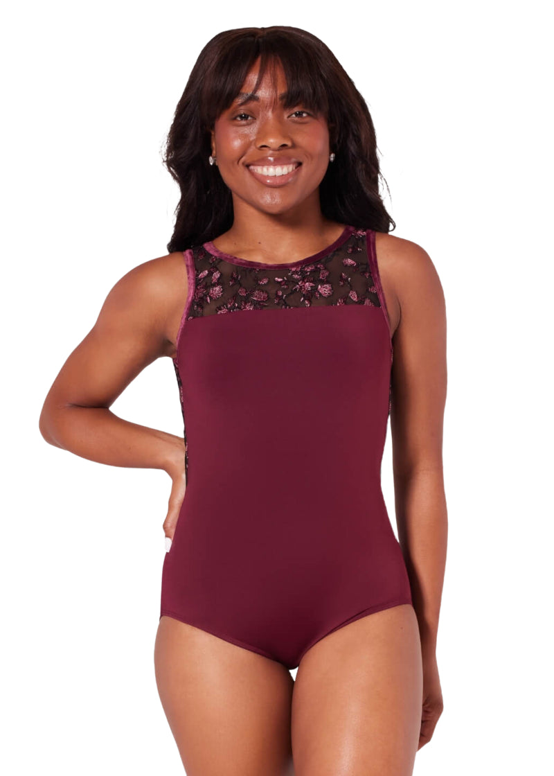 Capezio women's Allure tank leotard in dark red with floral embroidered mesh neckline.