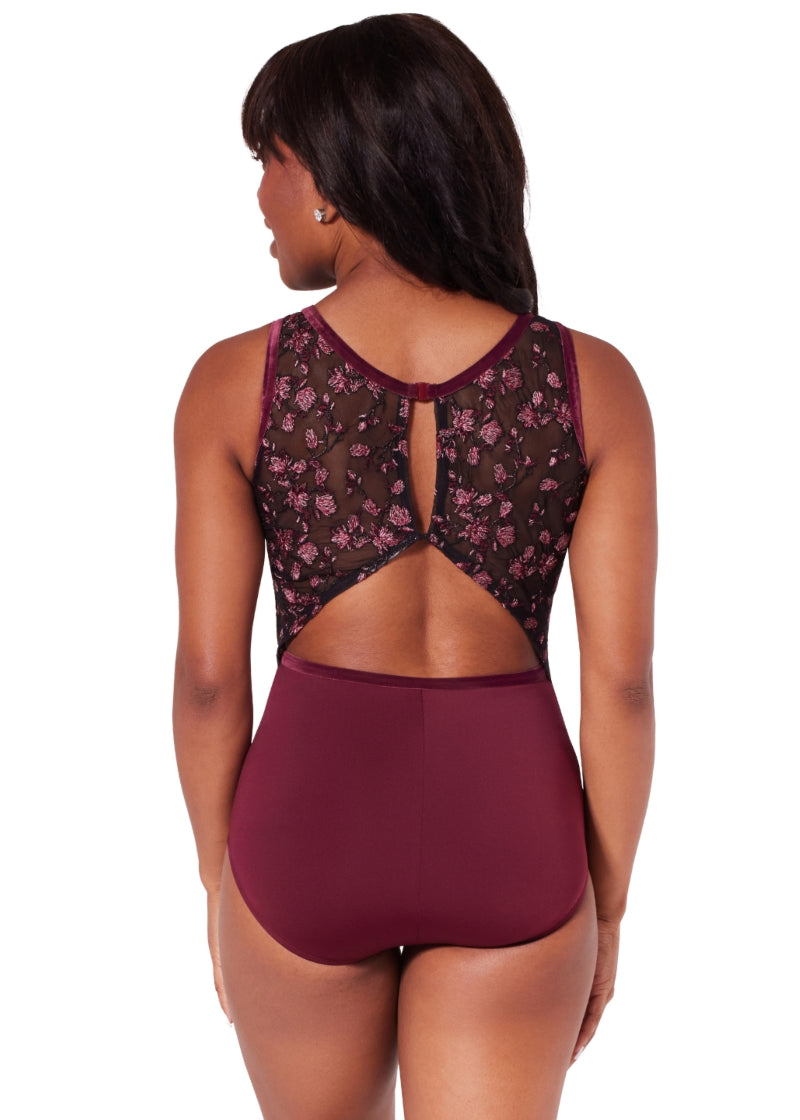 Allure Floral Mesh Back Tank Leotard (Windsor Wine)