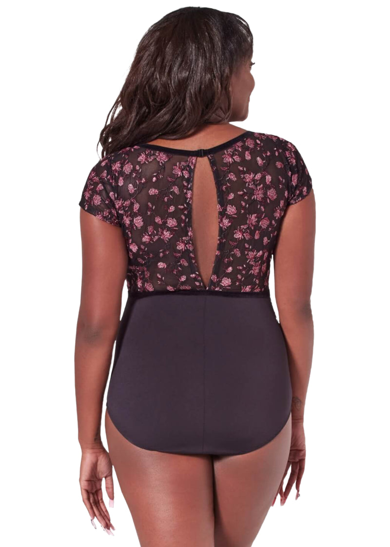 Capezio women's Fascination short sleeve leotard in black with floral embroidered mesh panels and keyhole back.