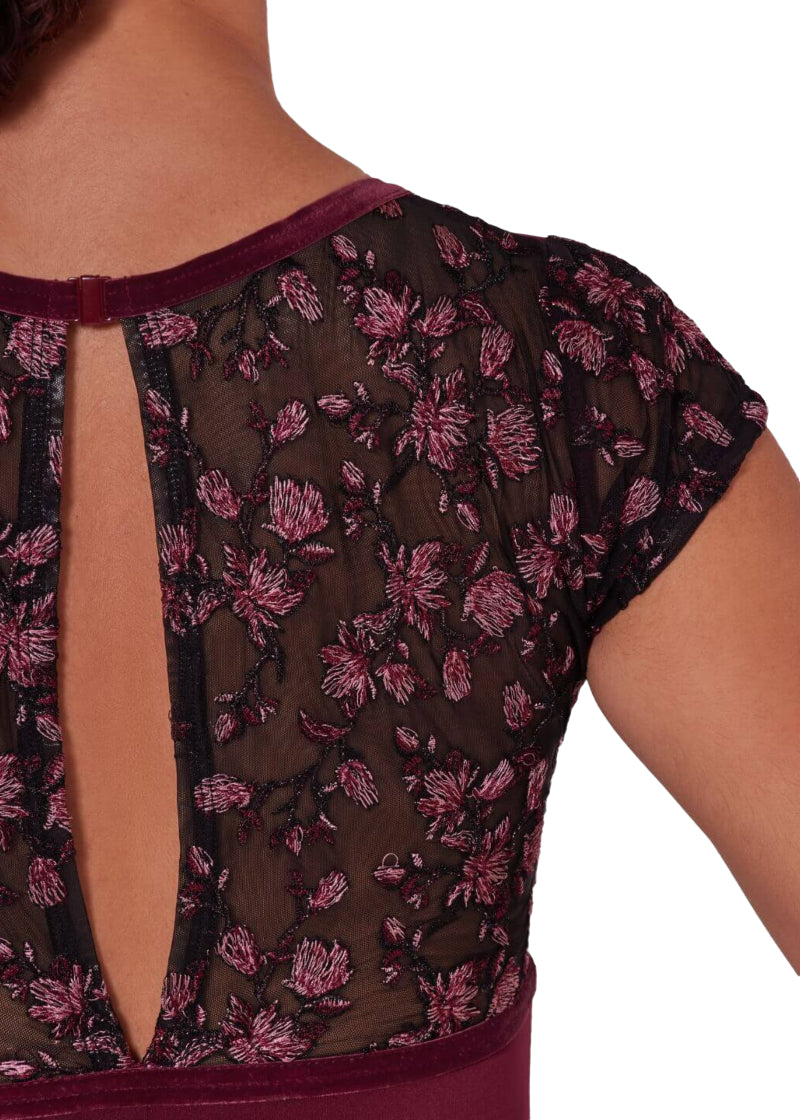 Close up of floral embroidered mesh detail on Capezio women's Fascination short sleeve leotard.