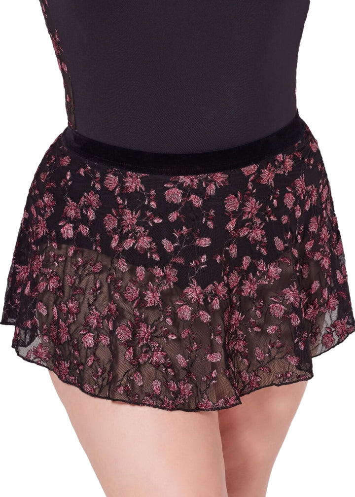Capezio women's Enchant pull-on skirt in floral embroidered black mesh with black waistband.
