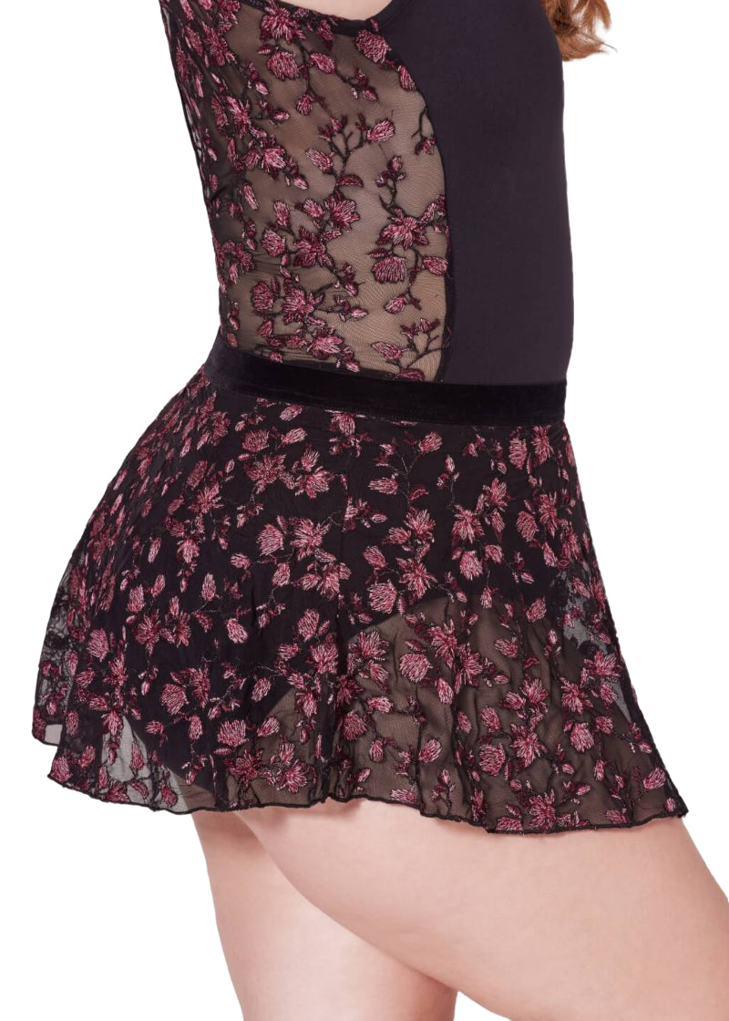 Capezio women's Enchant pull-on skirt in floral embroidered black mesh with black waistband.