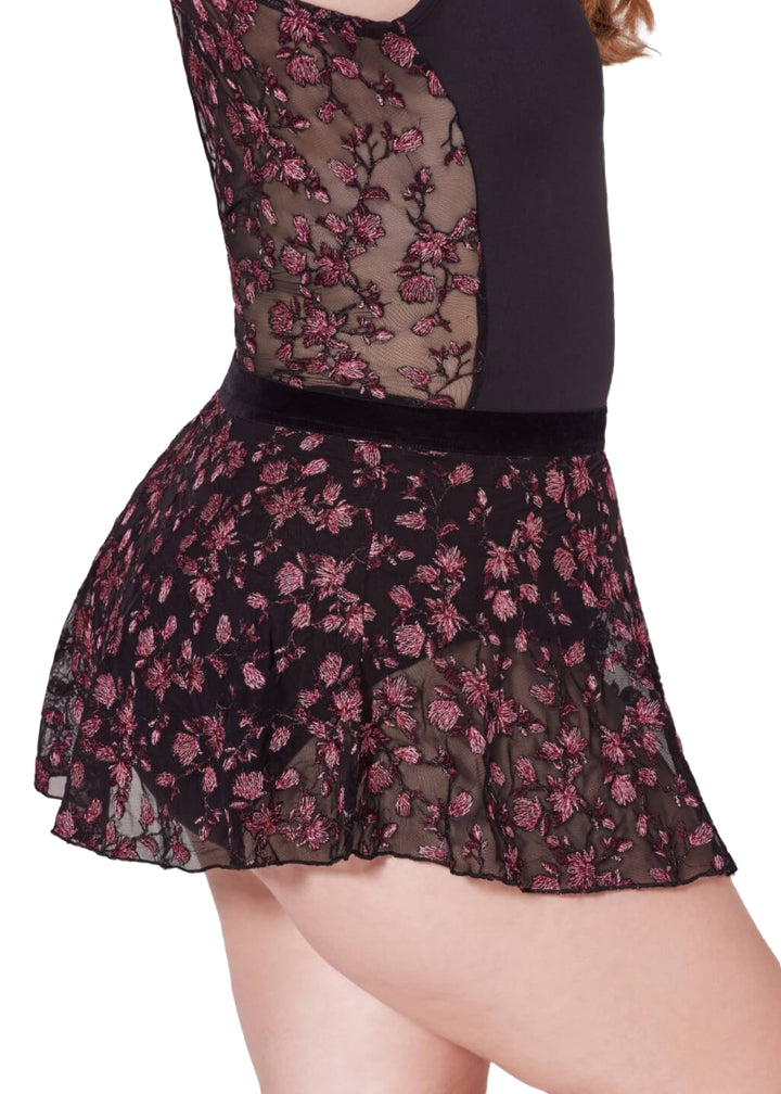 Capezio women's Enchant pull-on skirt in floral embroidered black mesh with black waistband.