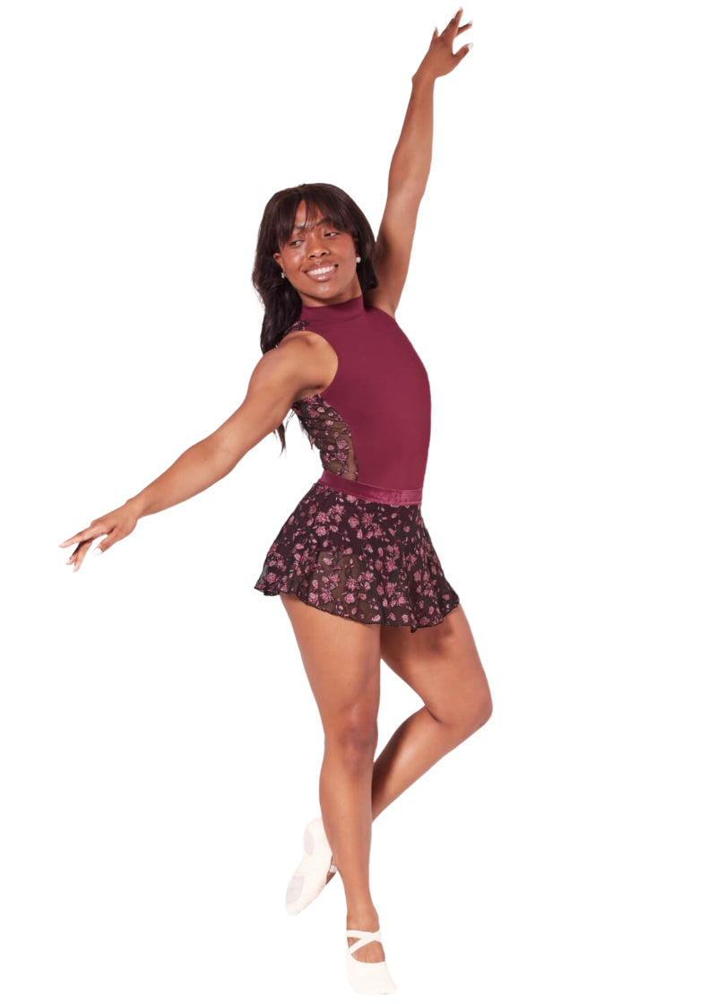 Capezio women's Enchant pull-on skirt in floral embroidered black mesh with dark red waistband.