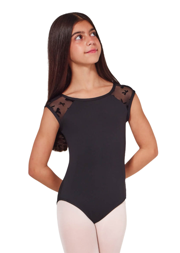 Capezio girls' Encore cap sleeve leotard in black with bow printed mesh sleeves and round neckline.
