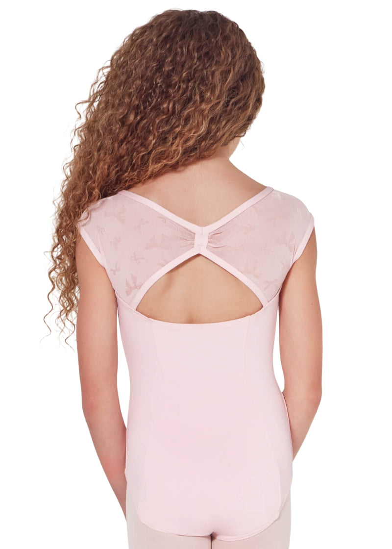 Capezio girls' Encore cap sleeve leotard in light pink with bow printed mesh panels over keyhole back.