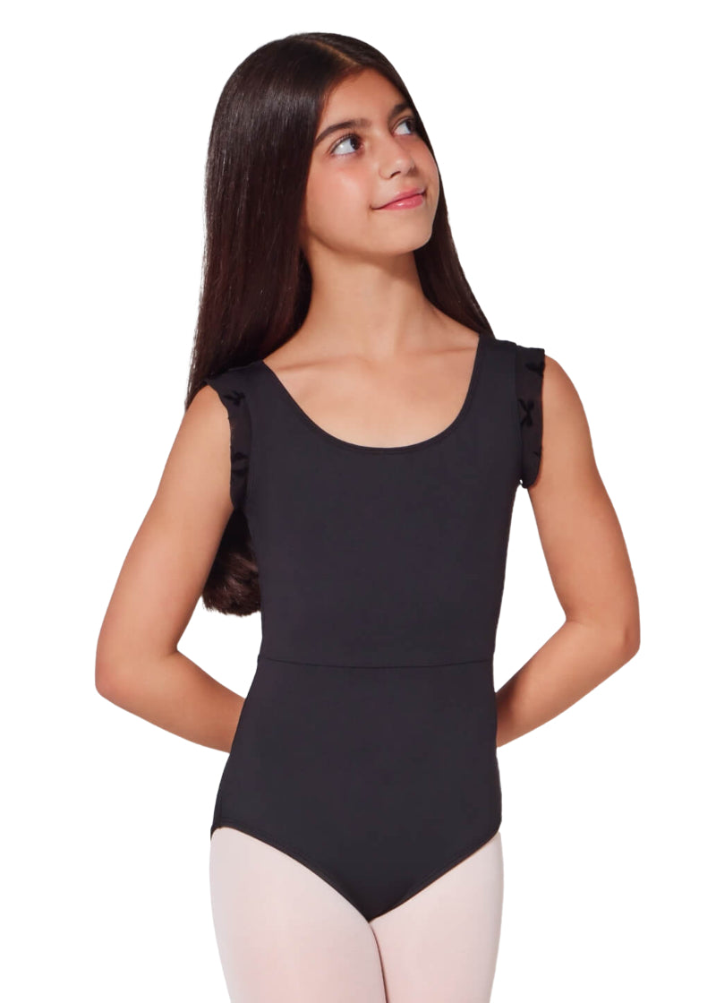 Capezio girls' Ribbon tank leotard in black with ruffle sleeves, scoop neckline, and waist seam.