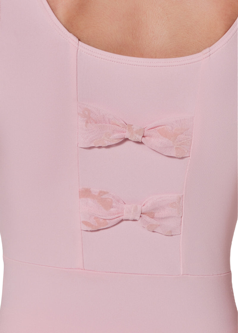 Close-up of mesh bows on back of Capezio girls' ribbon tank leotard.