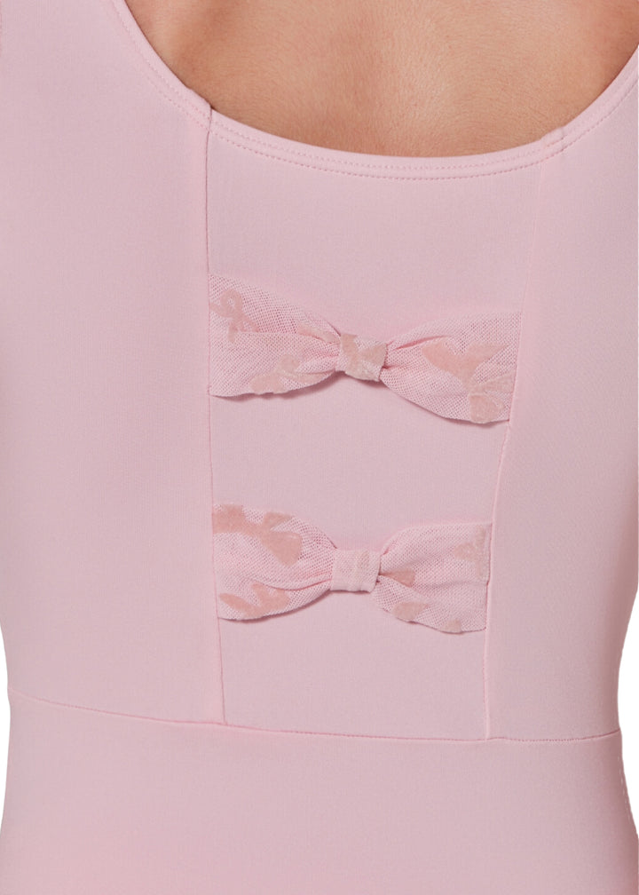 Close-up of mesh bows on back of Capezio girls' ribbon tank leotard.