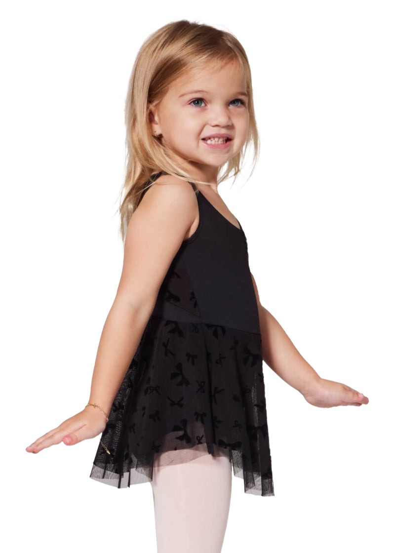 Capezio girls' Applause tank dance dress in black with bow printed mesh skirt and pinch front neckline.