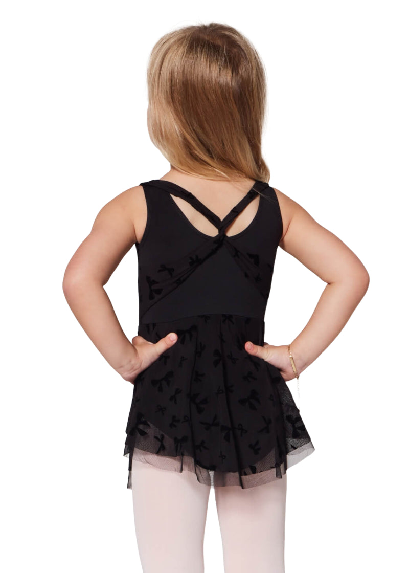 Capezio girls' Applause tank dance dress in black with bow printed twist back mesh panels and attached skirt.