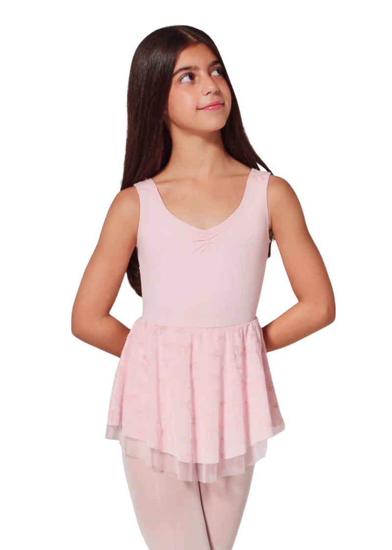 Capezio girls' Applause tank dance dress in light pink with pinch front neckline and bow printed mesh skirt.