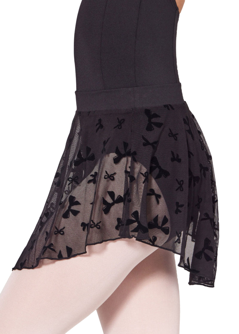 Capezio girls' Charm pull-on skirt in black bow-printed mesh.