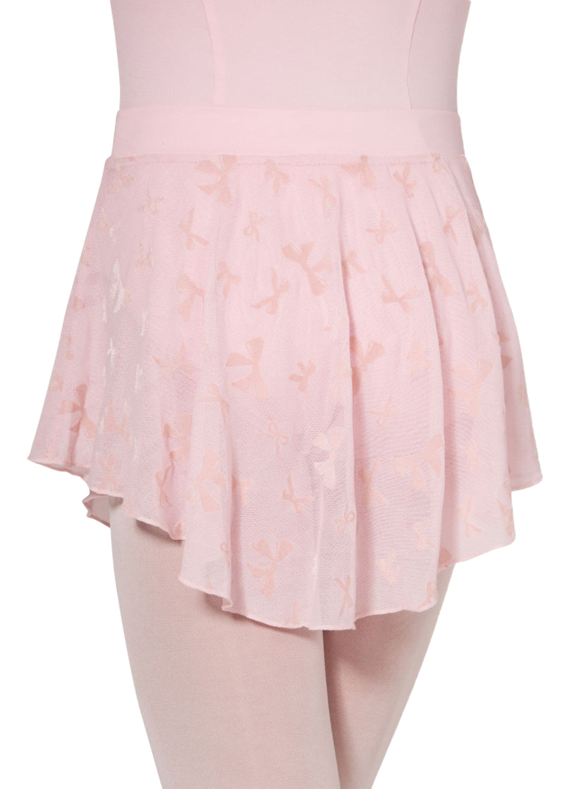 Capezio girls' Charm pull-on skirt in light pink bow-printed mesh.