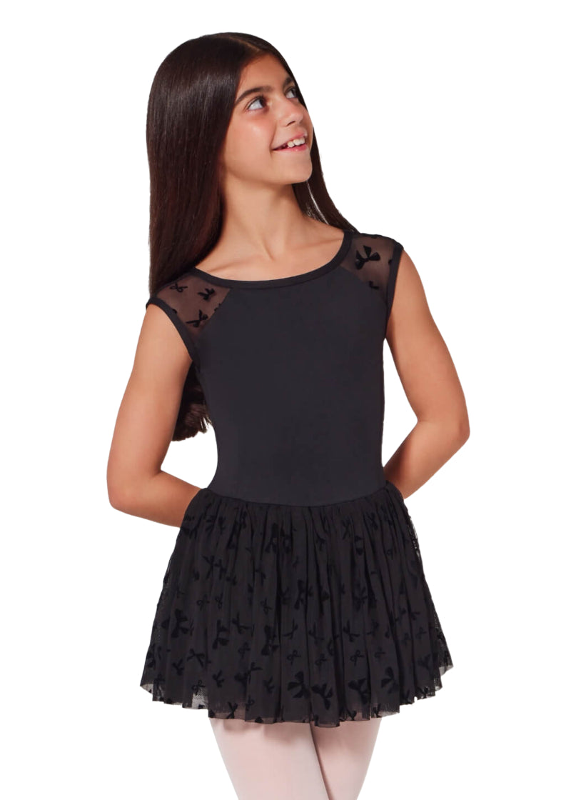 Capezio girls' Brava cap sleeve dance dress in black with bow printed mesh sleeves and skirt.