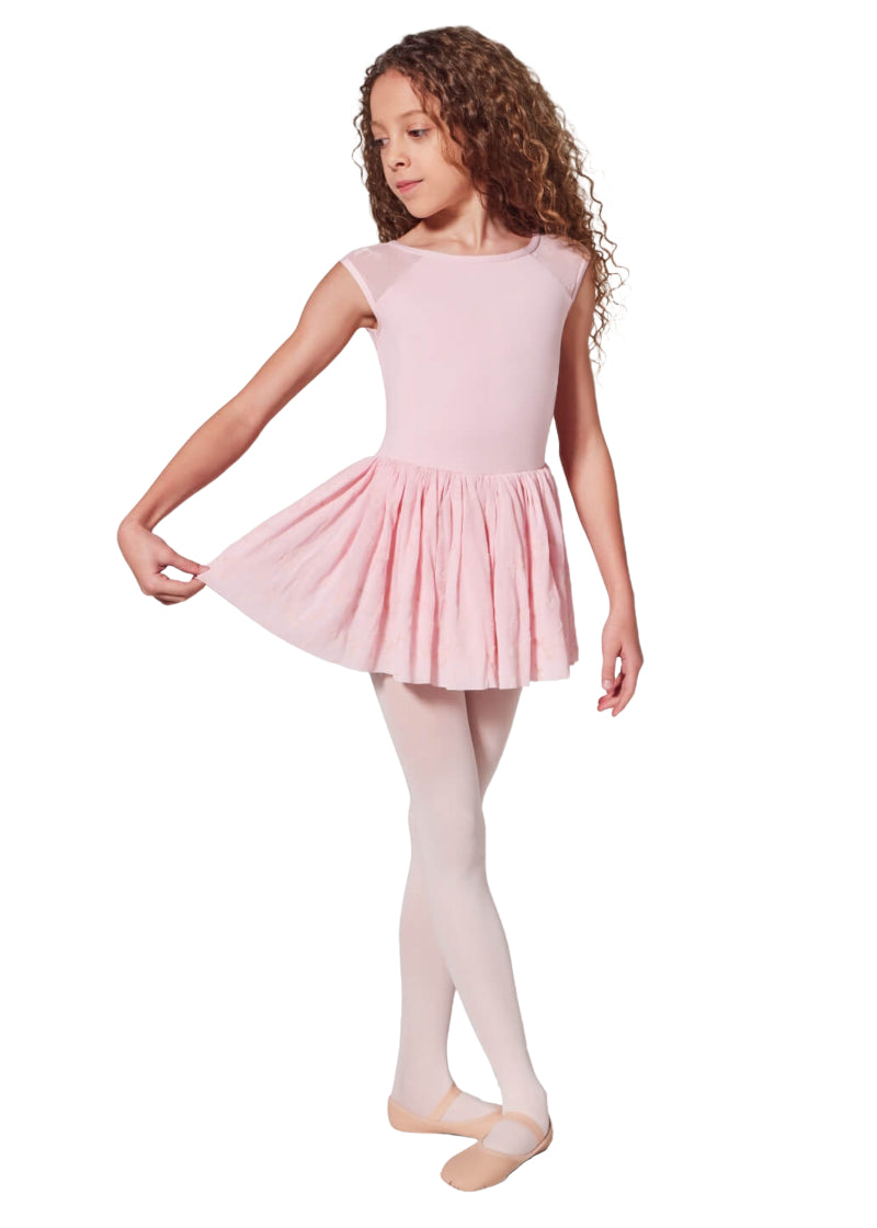 Capezio girls' Brava cap sleeve leotard in light pink with bow printed mesh sleeves and skirt.