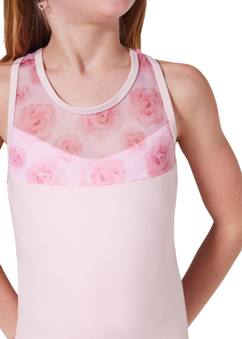 Capzeio girls' Petal tank leotard in light pink with floral print mesh neckline.
