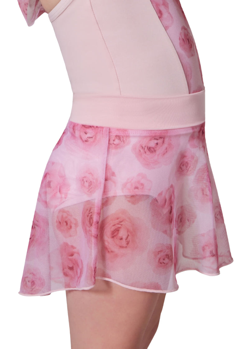 Capezio girls' Gardenia pull-on skirt in pink floral printed mesh with light pink waistband.