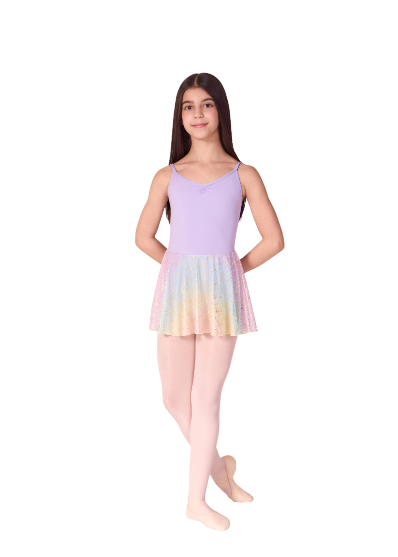 Capezio youth Mermaid camisole dance dress in light purple with pinch front neckline and multicolor attached skirt with shiny gold seashell print.