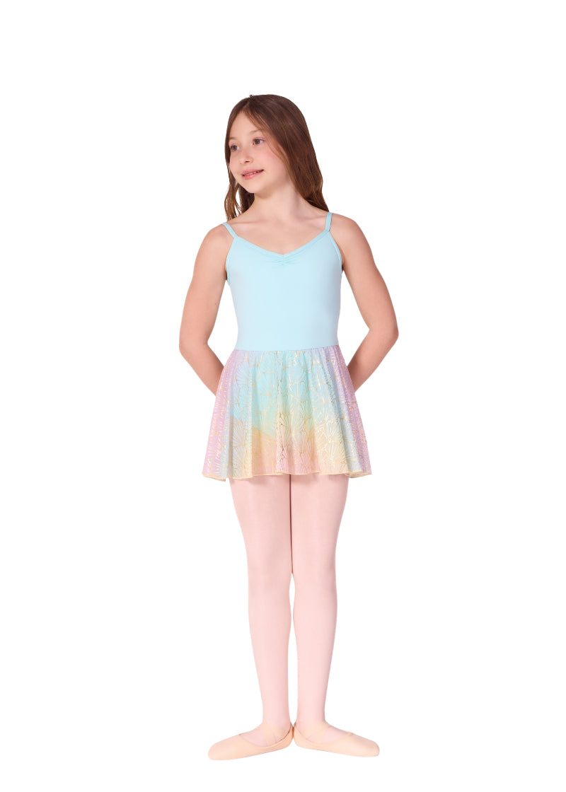 Capezio youth Mermaid camisole dance dress in light blue with pinch front neckline and multicolor attached skirt with shiny gold seashell print.