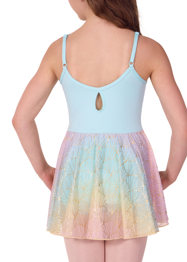 Capezio youth Mermaid camisole dance dress in light blue with adjustable straps, keyhole back detail, and multicolor attached skirt with shiny gold seashell print.