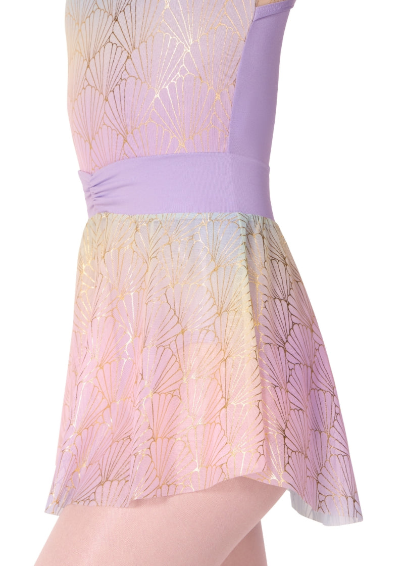 Capezio youth Sand Dollar pull-on skirt with light purple pinch front waistband, light purple, yellow, and pink color gradient, and shiny gold seashell print.
