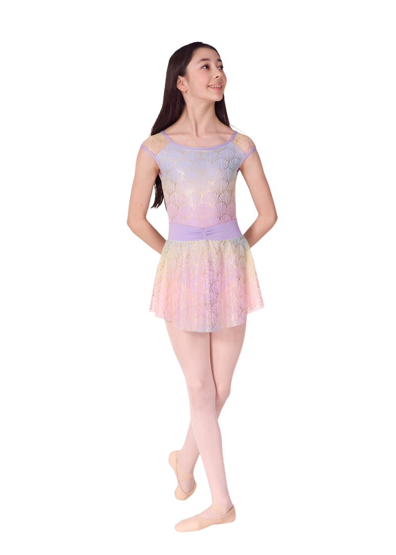 Capezio youth Sand Dollar pull-on skirt with light purple pinch front waistband, light purple, yellow, and pink color gradient, and shiny gold seashell print.