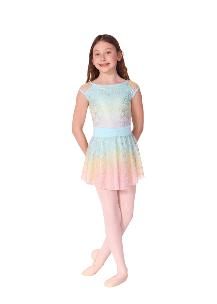 Capezio youth Sand Dollar pull-on skirt with light blue, pinch front waistband, light blue, yellow, and pink color gradient, and shiny gold seashell print.