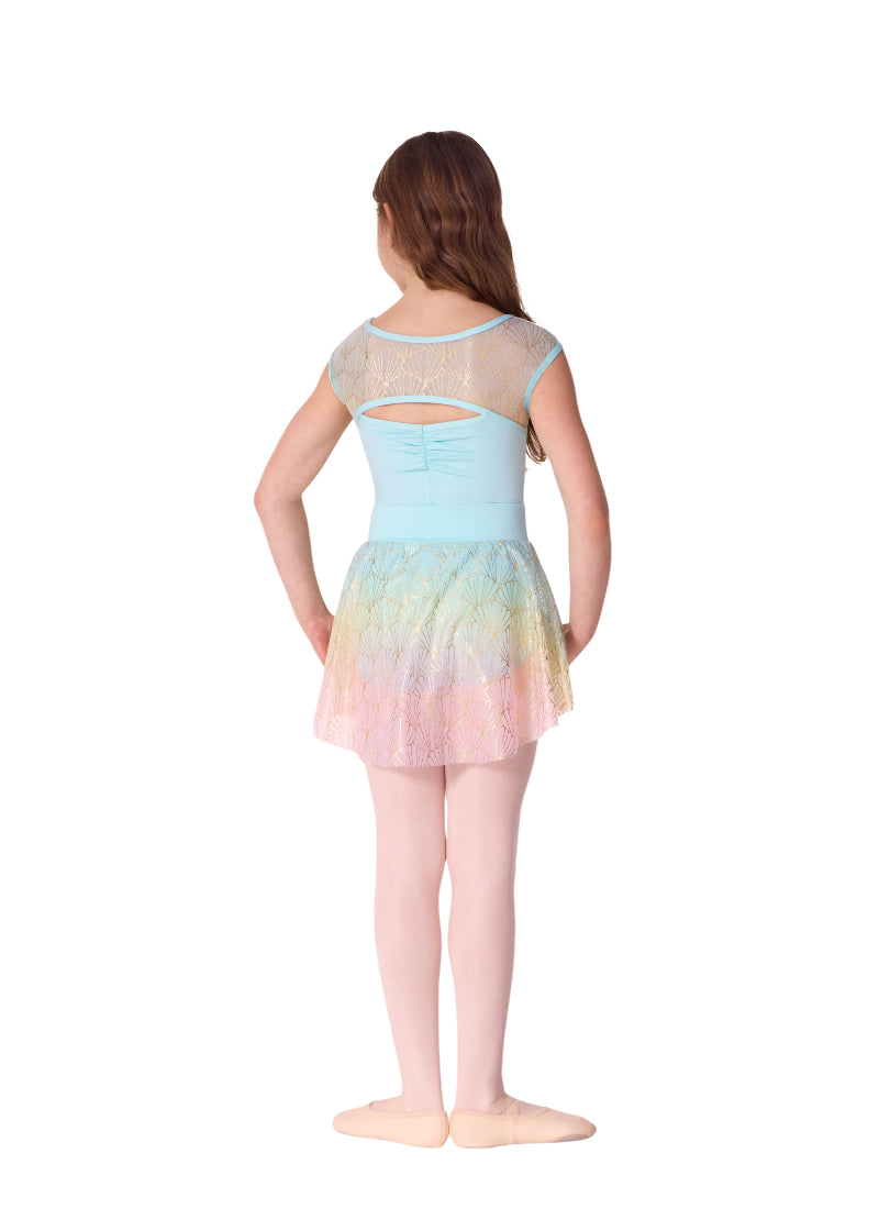 Capezio youth Sand Dollar pull-on skirt with light blue, pinch front waistband, light blue, yellow, and pink color gradient, and shiny gold seashell print.