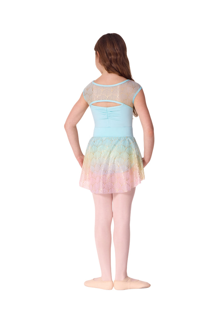 Capezio youth Sand Dollar pull-on skirt with light blue, pinch front waistband, light blue, yellow, and pink color gradient, and shiny gold seashell print.