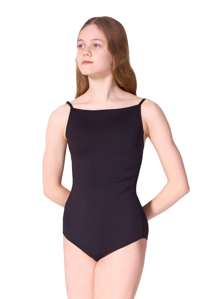 Capezio F12601W Wistful camisole leotard in black with boat neckline and ruched bodice
