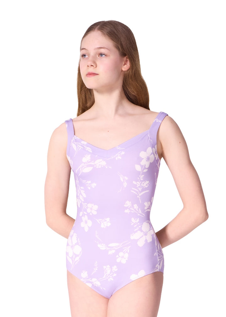 Capezio F12602W Dreamy tank leotard in purple with a white floral pattern and V neckline 