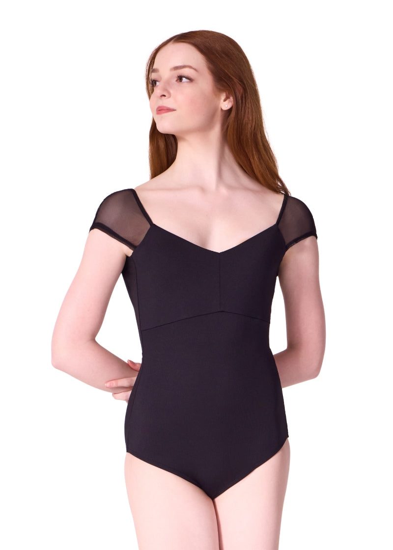 Capezio F12603W Moostruck mesh cap sleeve leotard in black with contouring bodice seams 