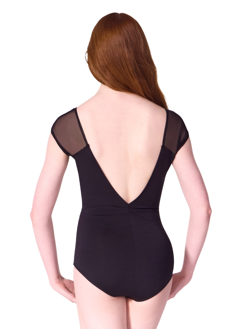 Capezio F12603W Moostruck mesh cap sleeve leotard in black with V back
