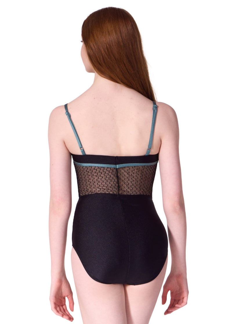 Capezio women's Cherish camisole leotard in black with textured mesh back panel and teal trim and straps.
