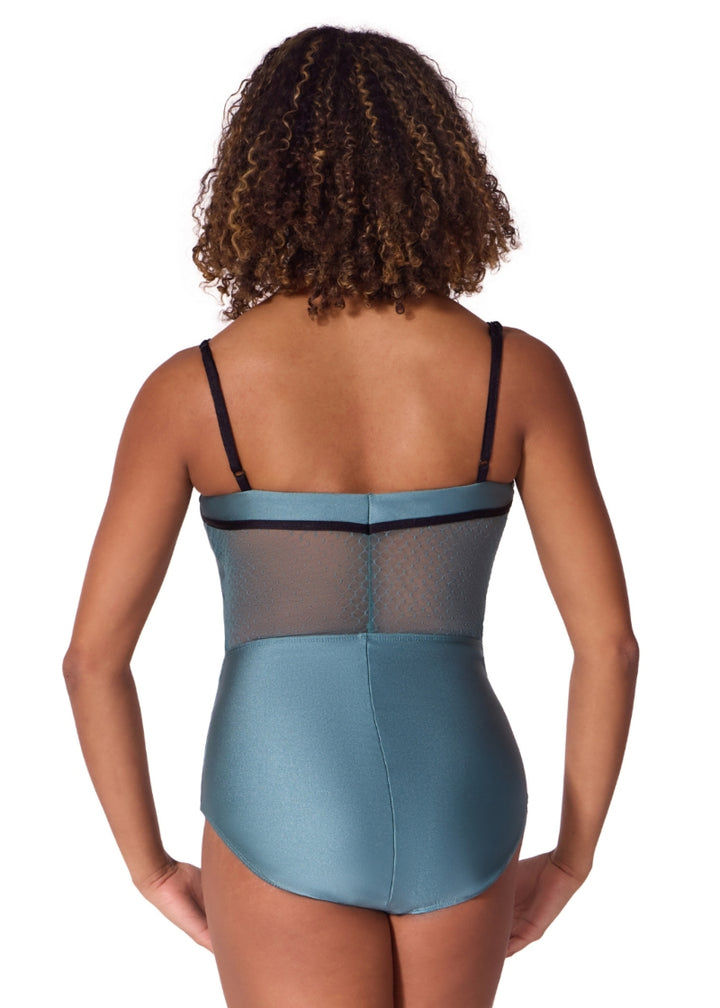 Capezio women's Cherish camisole leotard in blueish green with textured mesh back and black trim and straps.