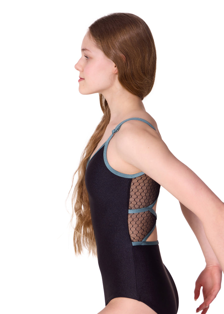 Capezio women's Brilliance camisole leotard in black with textured mesh back panels and teal trim and straps.