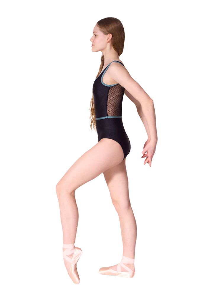 Capezio women's Graceful tank leotard in black with textured mesh back panel and teal binding and waistband.