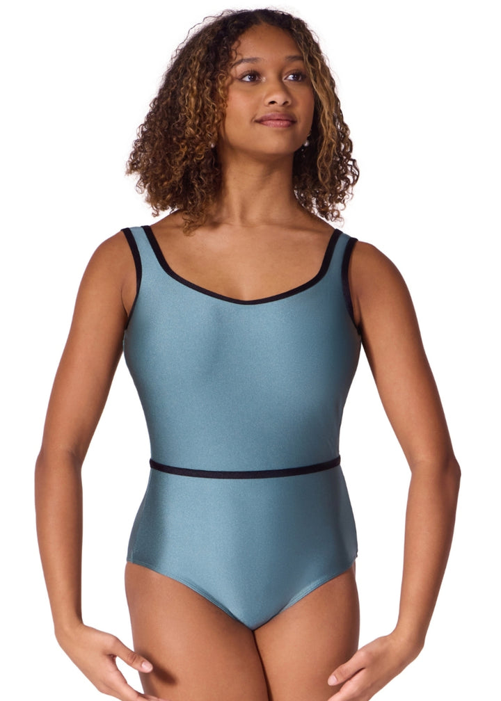 Capezio women's Graceful tank leotard in blueish green with black binding and waistband.