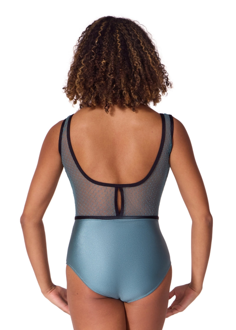 Capezio women's Graceful tank leotard in blueish green with textured mesh scoop back, keyhole detail, and black binding and waistband.